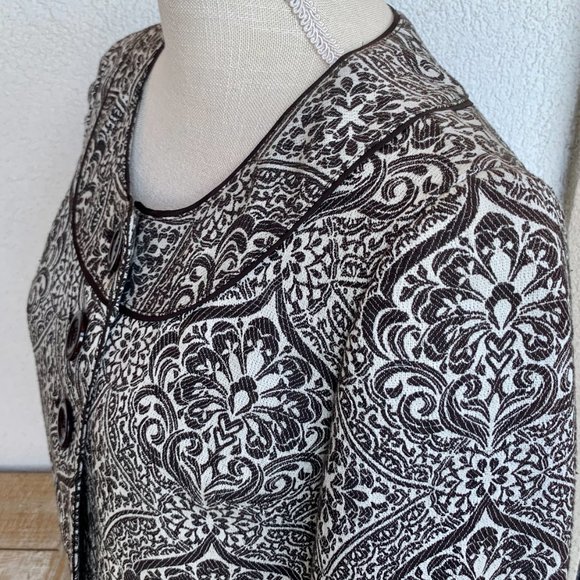 Ann Taylor Cropped Damask White Dark Brown Jacket Size 0 - Picture 7 of 10
